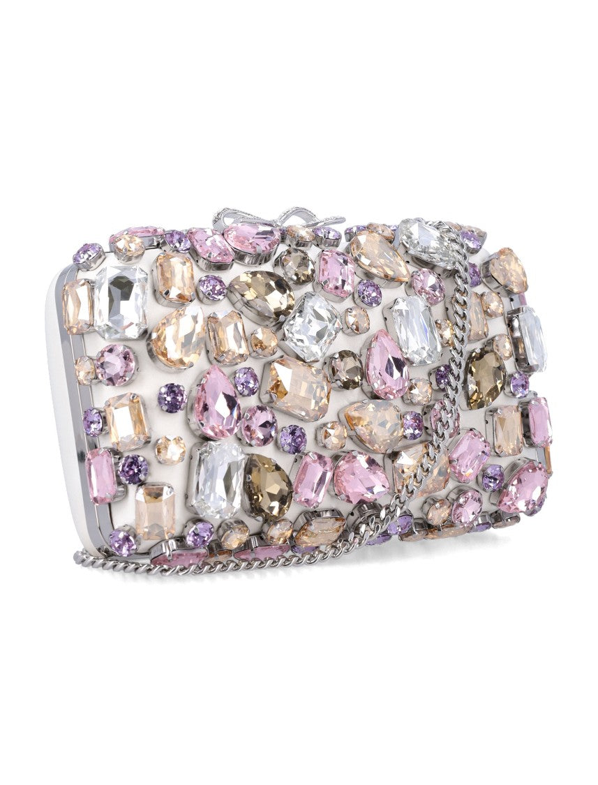 Self-Portrait Multi Crystal Embellished Satin Clutch With Silver Bow Detail