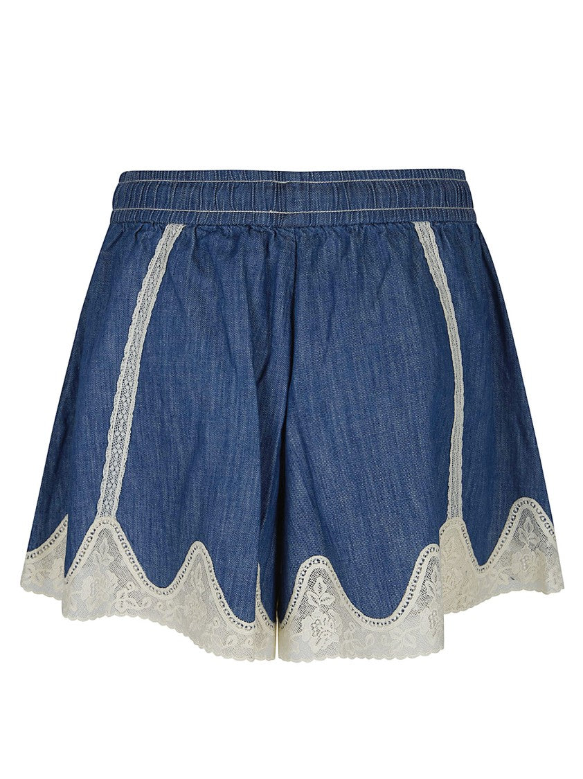 Zimmermann Relaxed Fit Blue Denim Shorts With Lace Trim