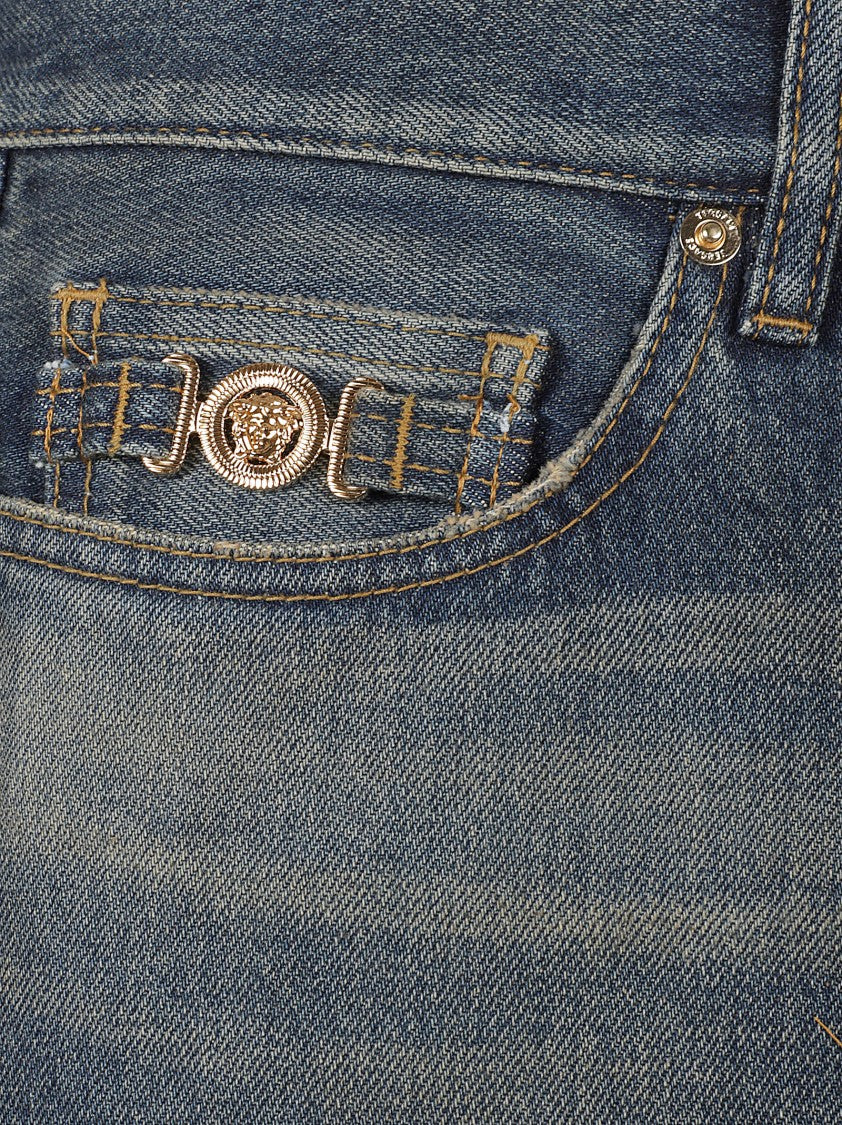 Versace Medium Stonewashed Pencil-Fit Jeans With Medusa Biggie Accessory