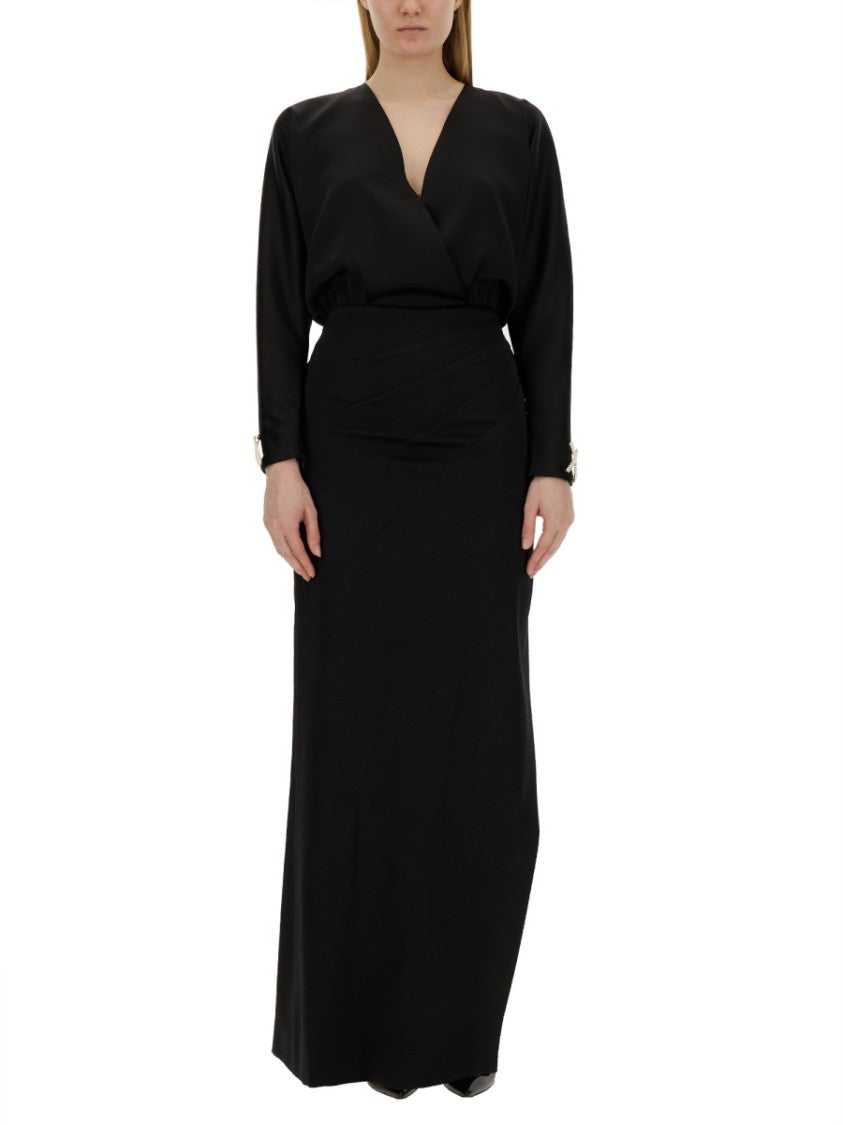 Genny Black Long Dress With Deep V-Neckline And High Slit
