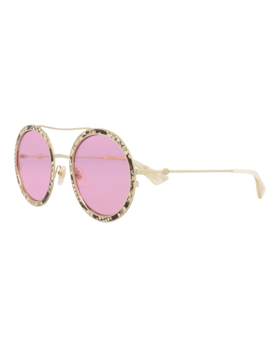 Gucci Round-Frame Leather Sunglasses With Metal Temples