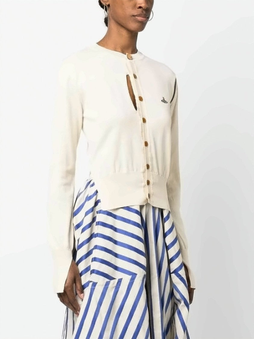 Vivienne Westwood Cropped White Cardigan With Wooden Buttons And Emblem