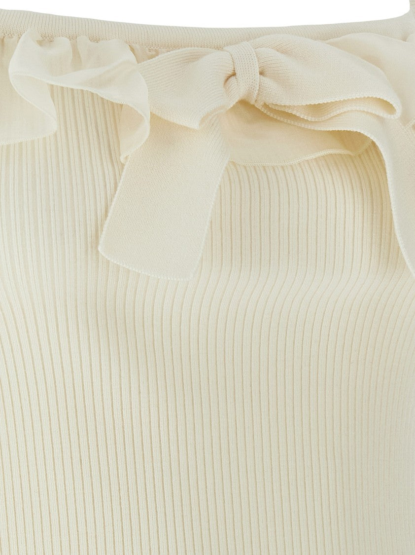 Alessandra Rich Ribbed Crop Top With Square Neckline And Ruffle Details
