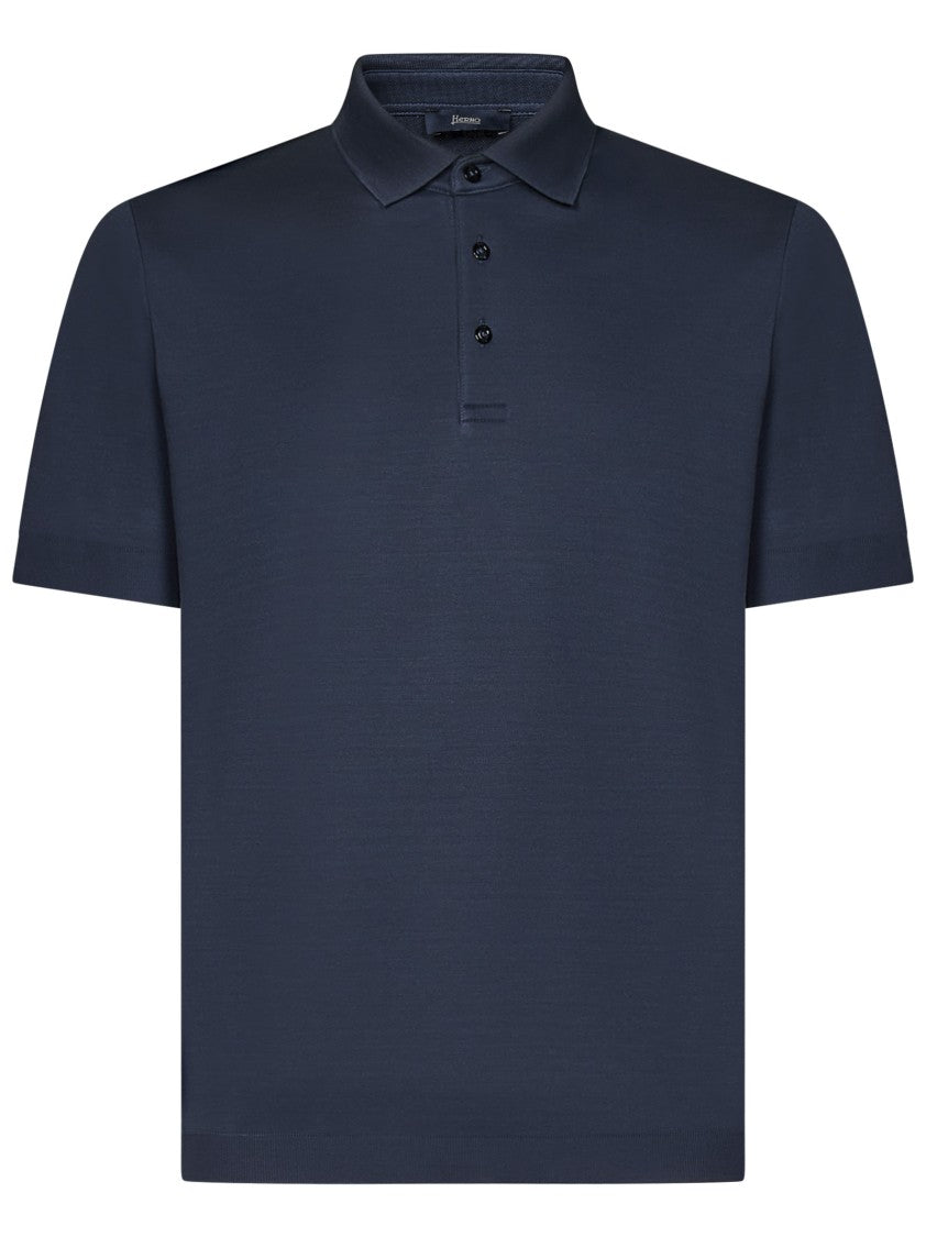 Herno Navy Blue Tricot-Effect Cotton Piqué Polo Shirt
