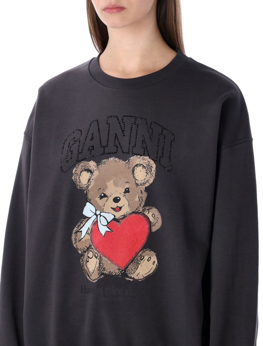 Ganni Oversized Rhinestone Bear Cotton Sweatshirt