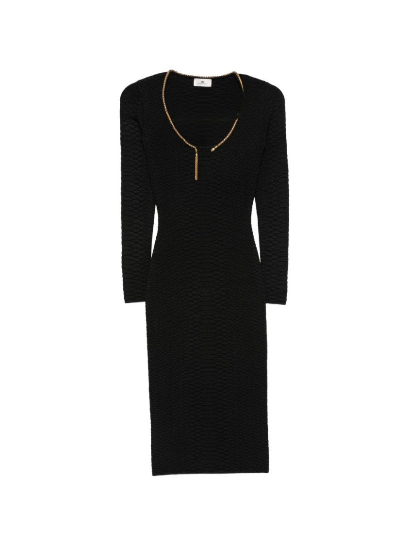 Elisabetta Franchi Black Textured Gold-Chain Accent Midi Dress