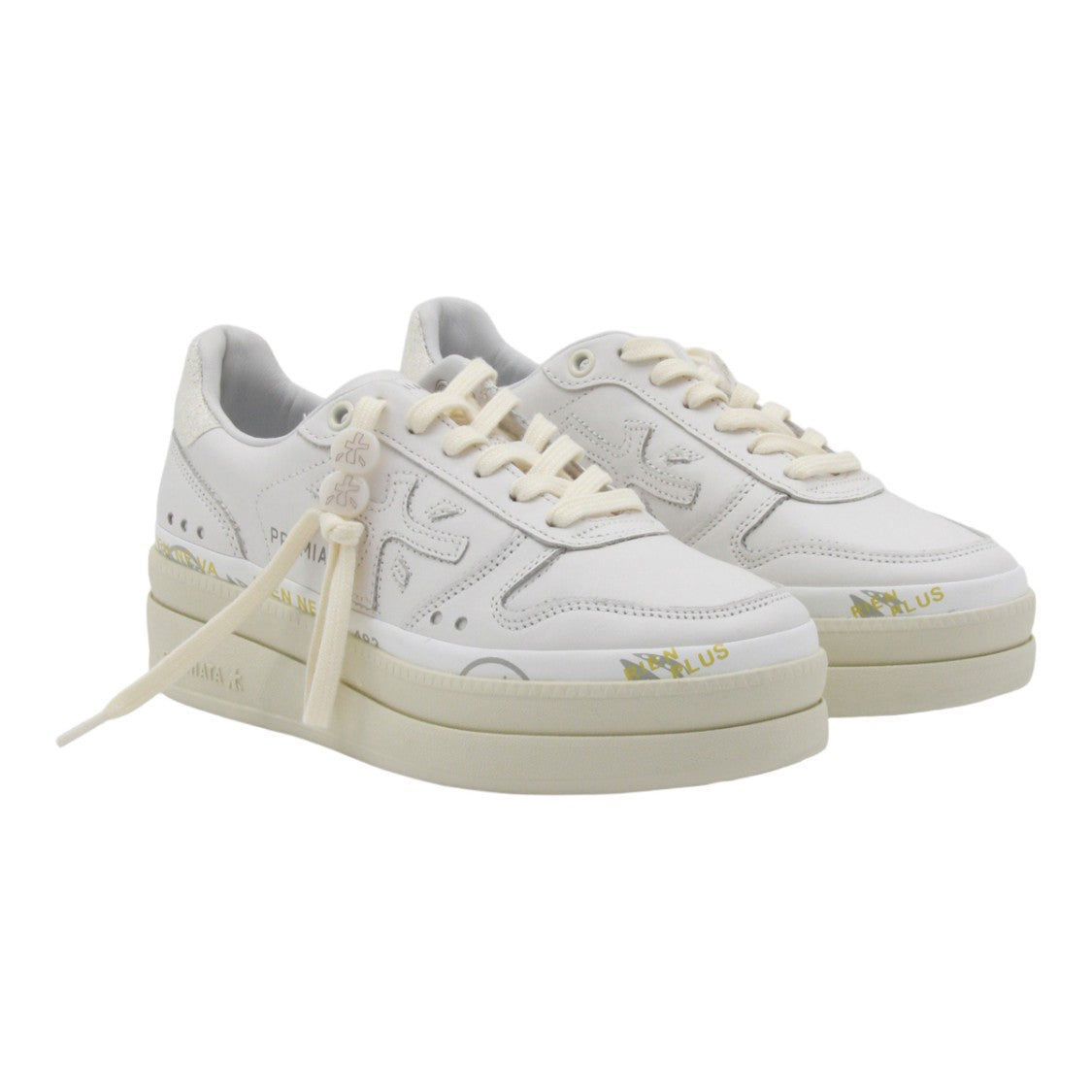 Premiata White Leather Sneakers With Creamy Beige Sole