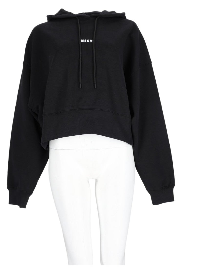 Msgm Black Cropped Cotton Hoodie