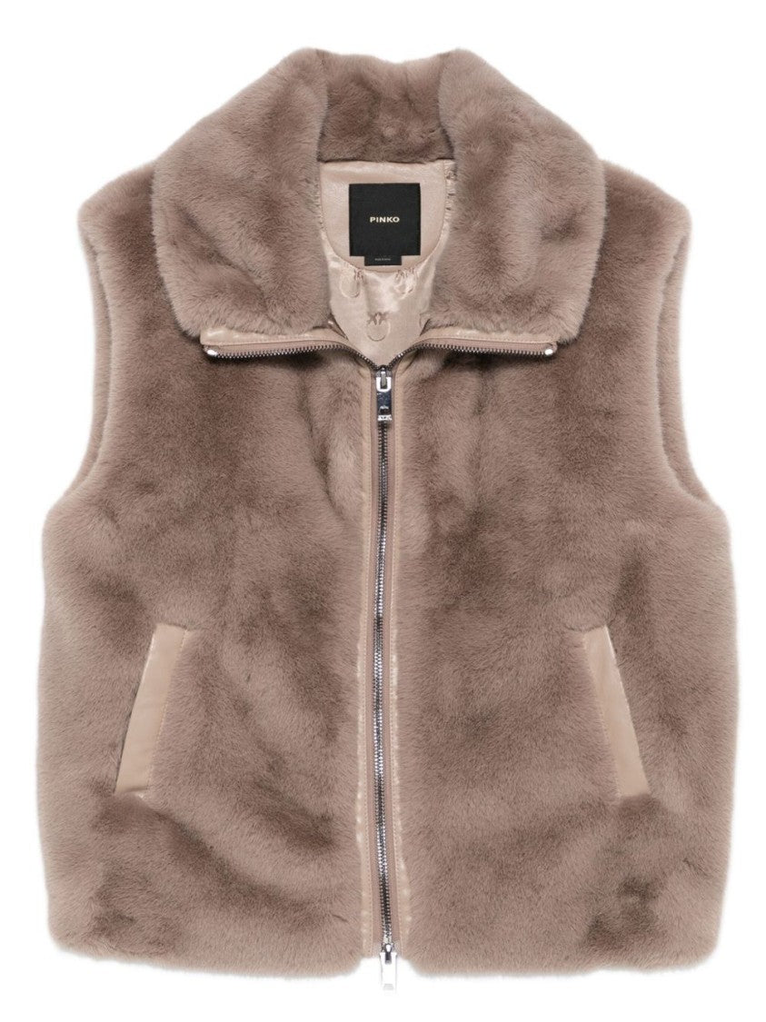 Pinko Beige Faux Fur Vest With High Collar