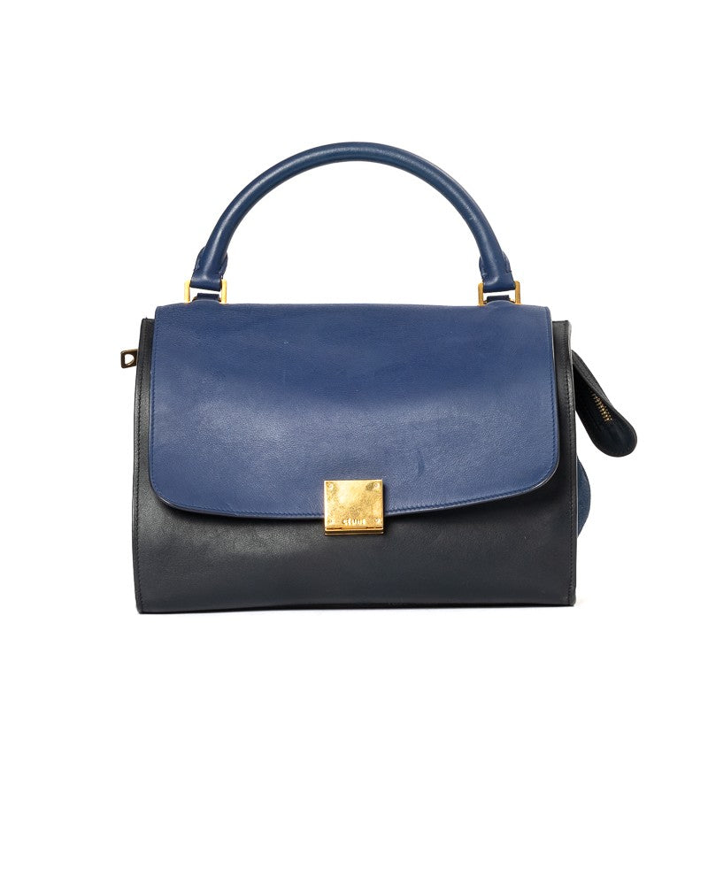 Celine Medium Trapeze Handbag In Blue Leather And Suede