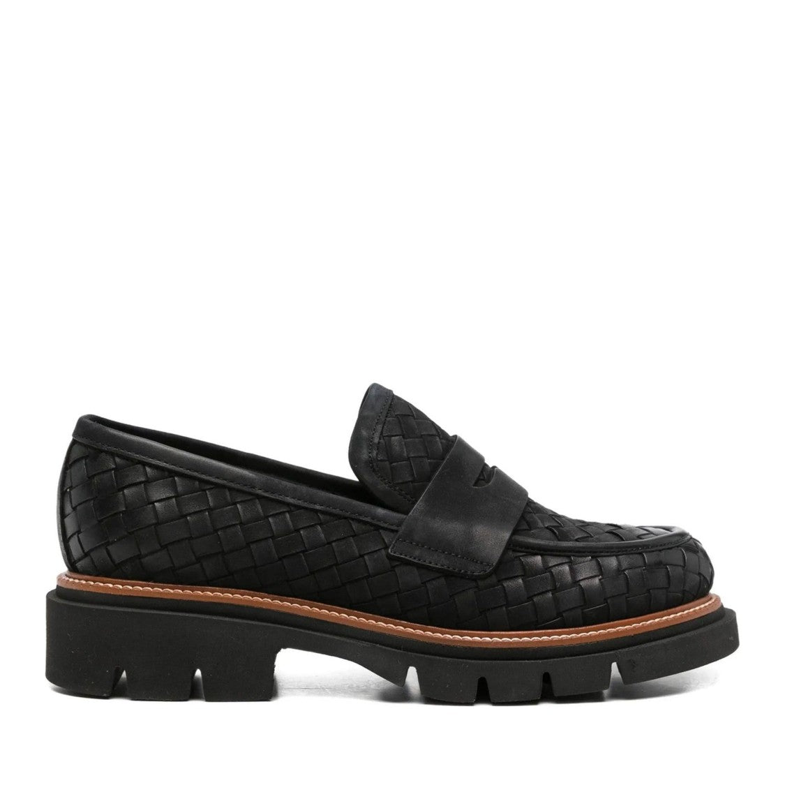 Sergio Moretti Black Woven Leather Chunky Sole Loafers