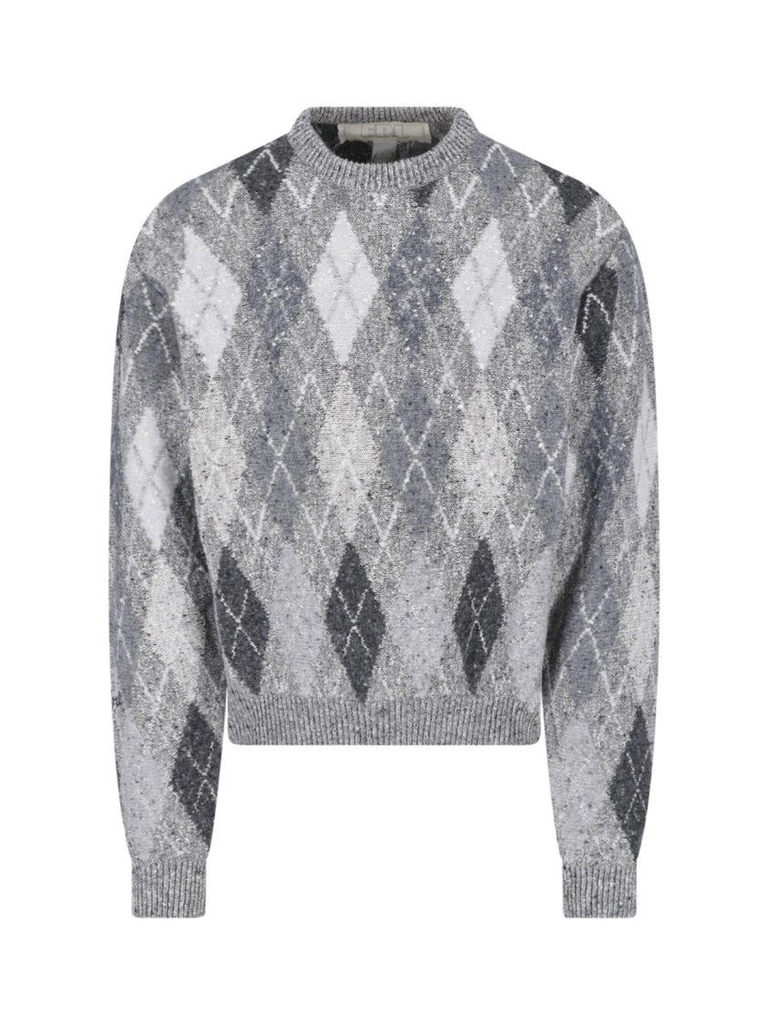 Erl Cropped Grey Argyle Knit Sweater With Ribbed Details