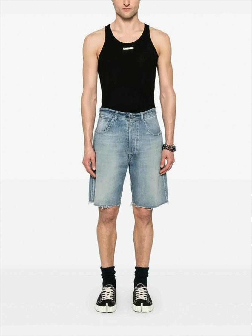 Maison Margiela Light Blue Denim Shorts With Frayed Hems And Adjustable Waistband