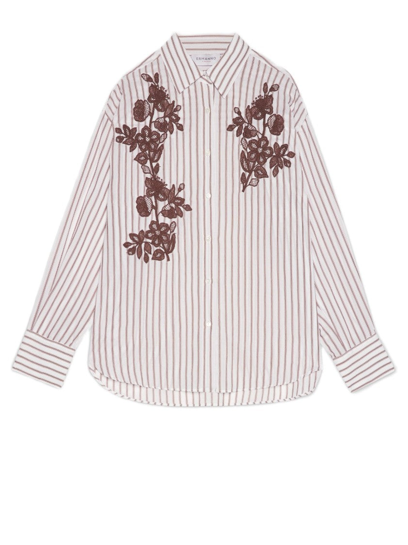 Ermanno Firenze Fluid Striped Viscose Shirt With Floral Embroidery