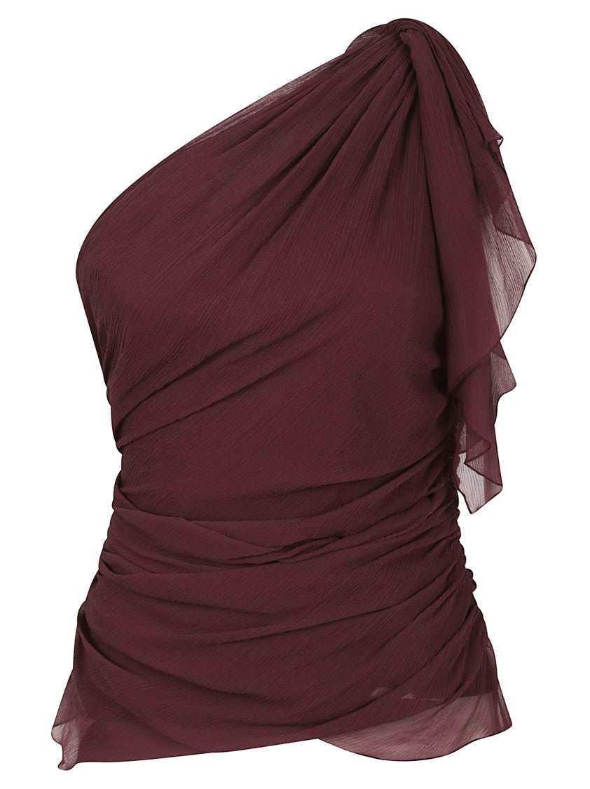 Victoria Beckham Burgundy One-Shoulder Silk Top With Elegant Draping