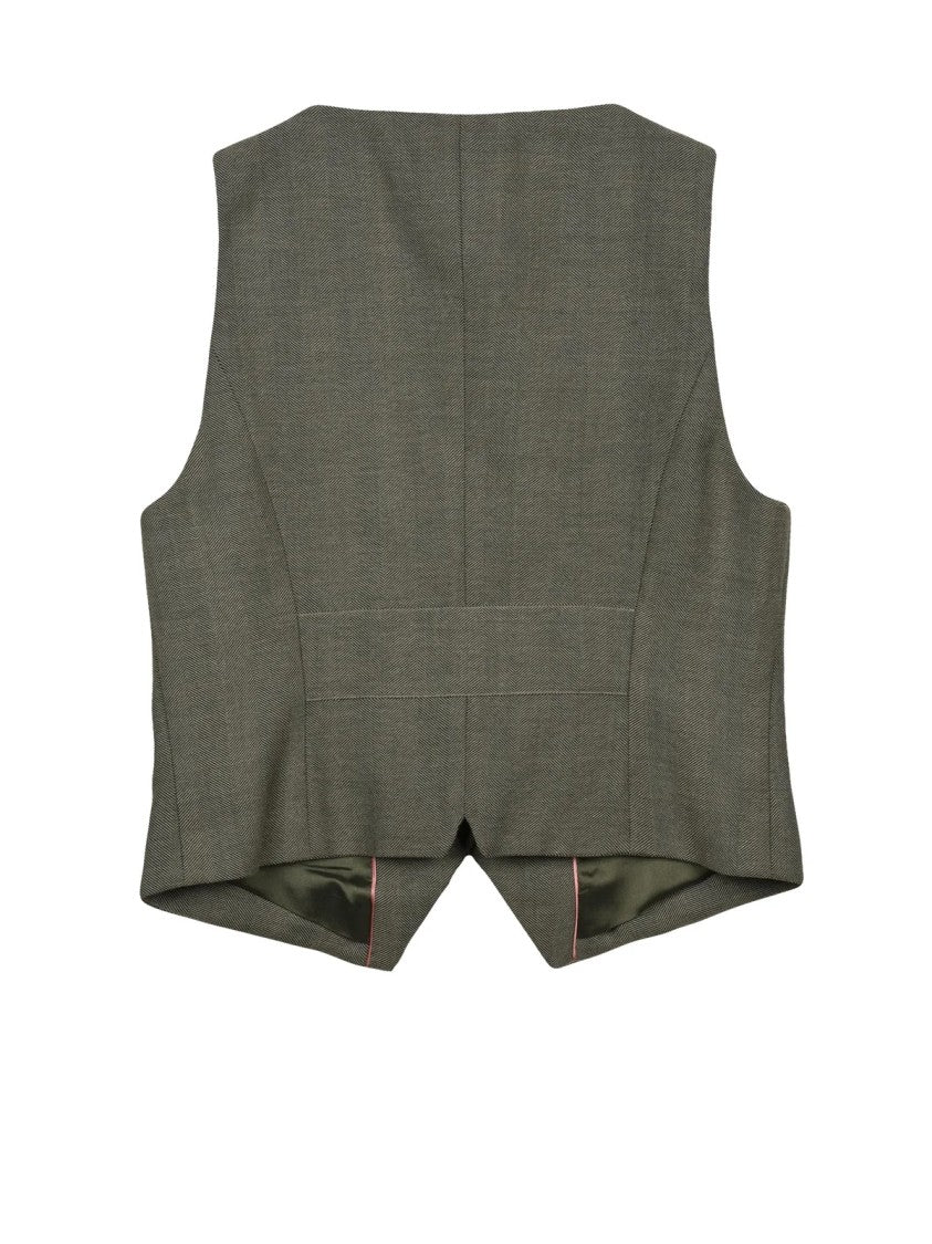 Marella Tailored Green Wool Vest With Deep V-Neckline And Subtle Embellishments