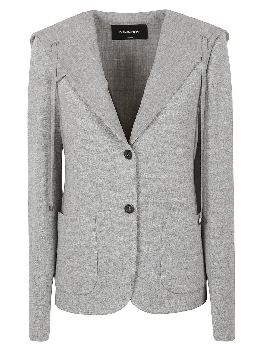 Fabiana Filippi Light Grey Wool Jacket With Wide Collar And Drawstring Details