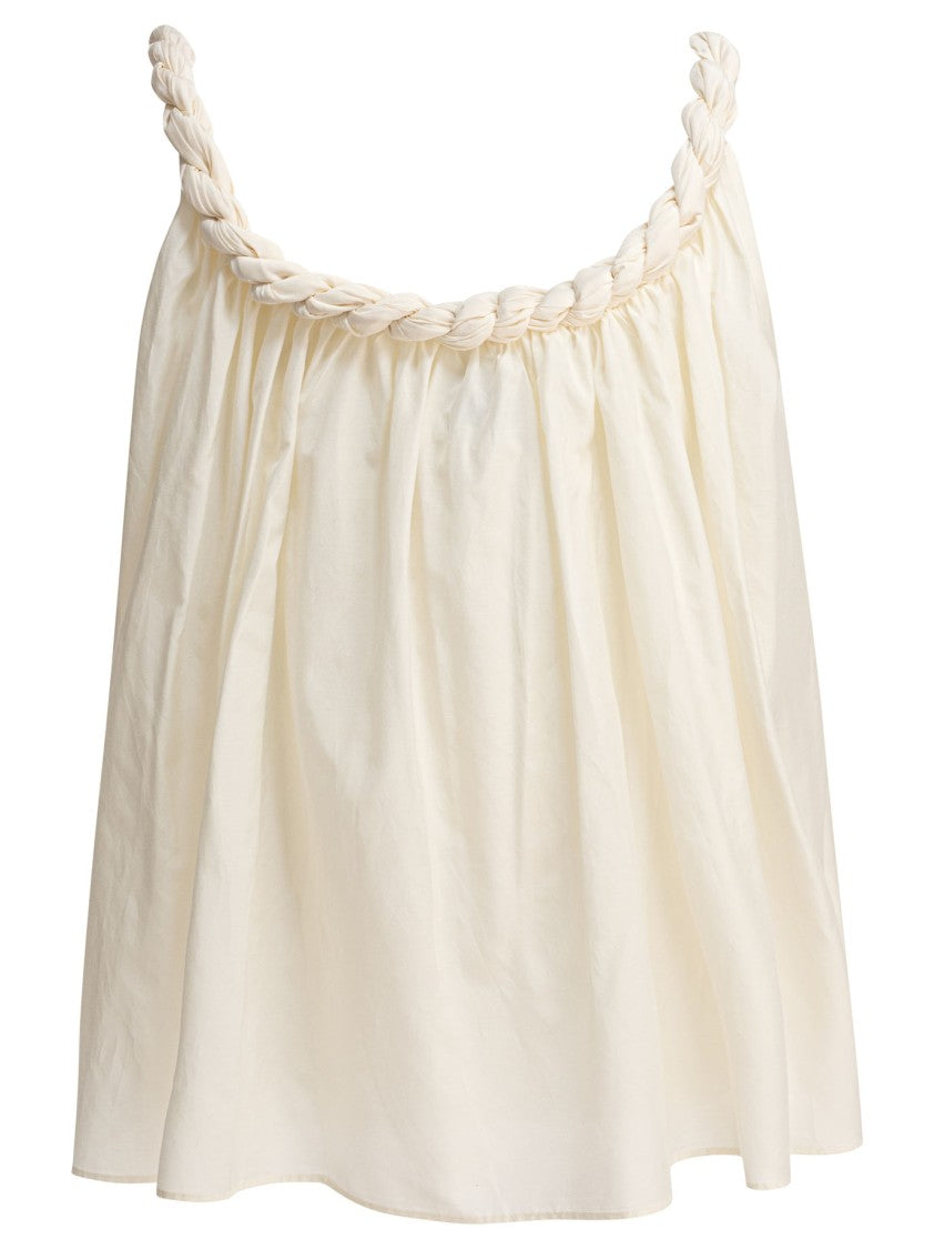 Loulou De Saison Gathered Beige Top With Braided Strap And Flowing Silhouette
