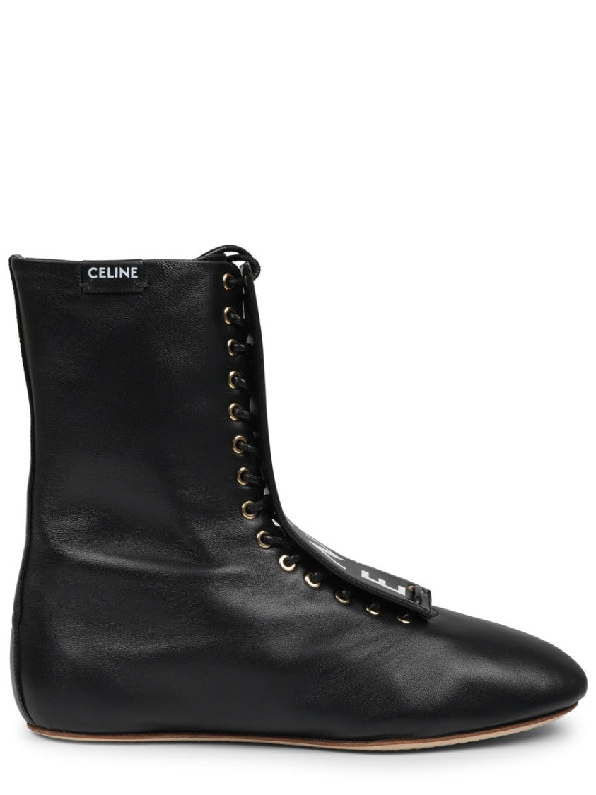 Celine Logo Flap Overlay Lambskin Ankle Boots
