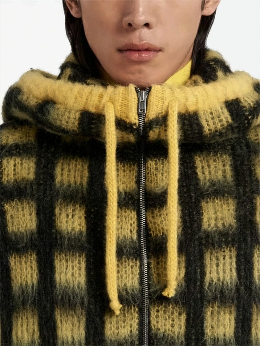 Marni Fuzzy Hooded Jacket With Bold Checkered Pattern