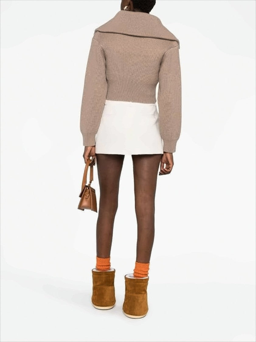 Jacquemus Cropped Brown Wool Sweater With Fold-Over Collar