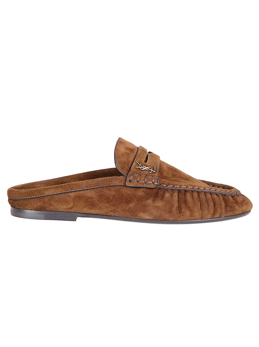 Saint Laurent Suede Mule Sandals With Hand-Stitched Pointed Toe And Cassandre Embellishment