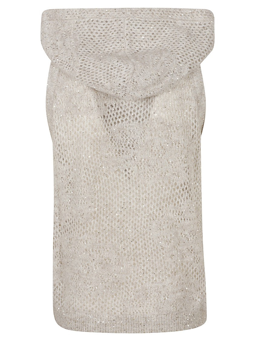 Brunello Cucinelli Open-Knit Sleeveless Jacket With Floral Pattern And Sequins