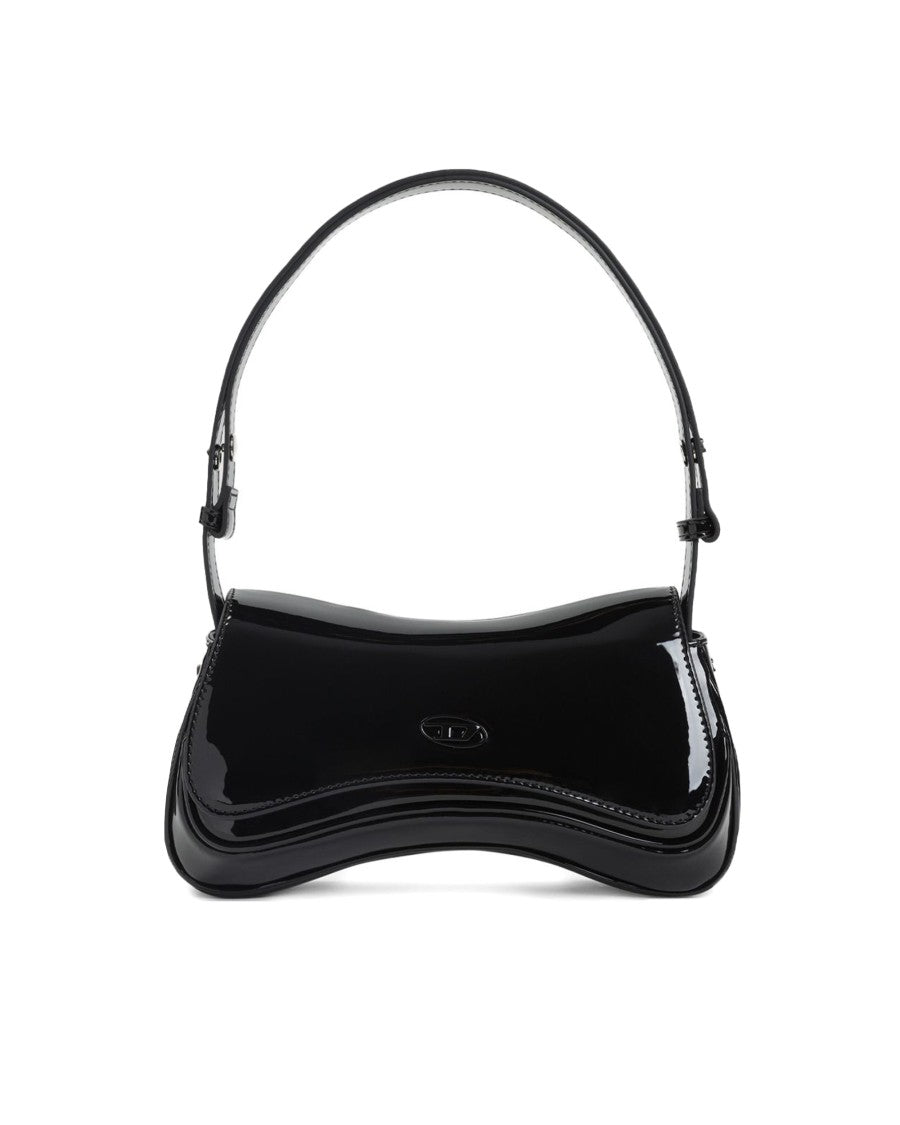 Diesel Sculpted Patent Shoulder Bag With Adjustable Strap And Oval Detail