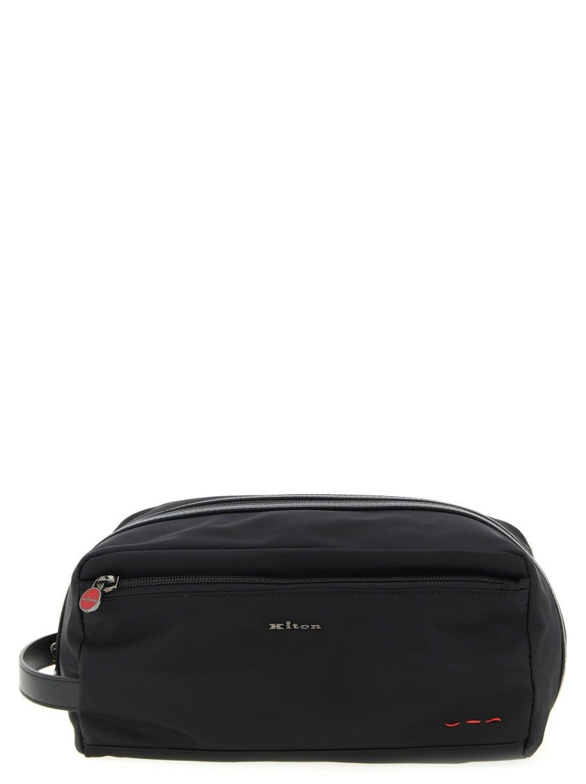 Kiton Rectangular Nylon Beauty Case With Leather Accents And Logo Details