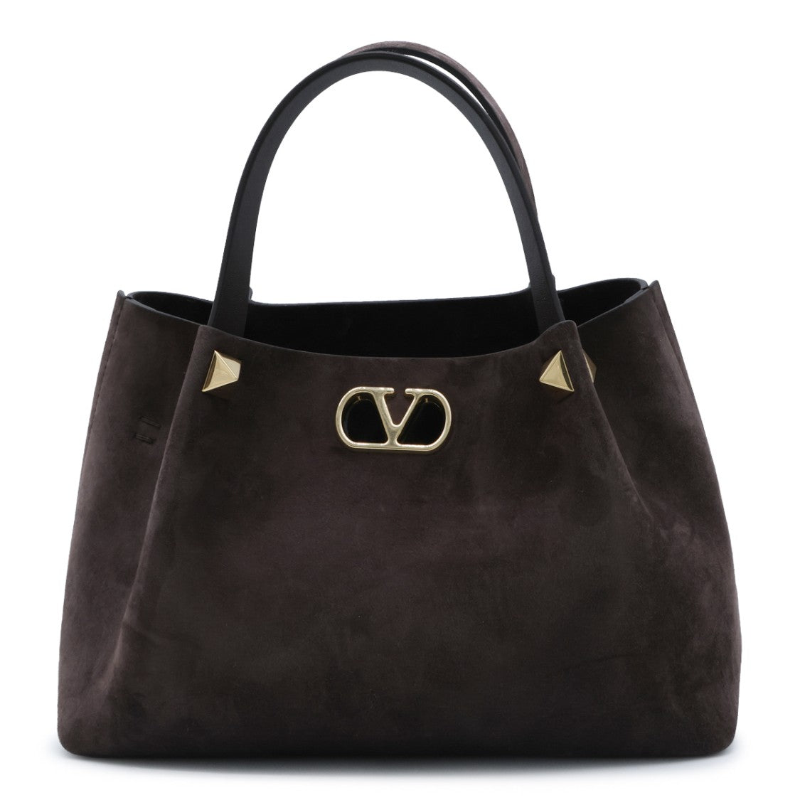 Valentino Garavani Brown Small V Logo Studded Suede Tote Bag