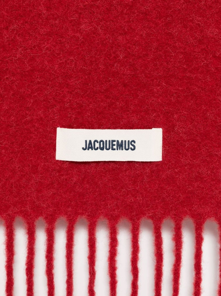 Jacquemus Red Knitted Logo Appliqué Fringed Scarf