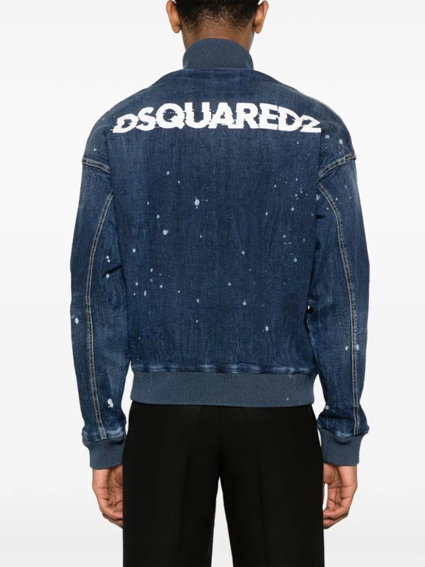 Dsquared2 Navy Blue Logo-Print Denim Bomber