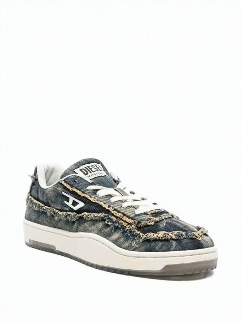 Diesel Distressed Denim Low-Top Sneakers With Unique Stitching Details