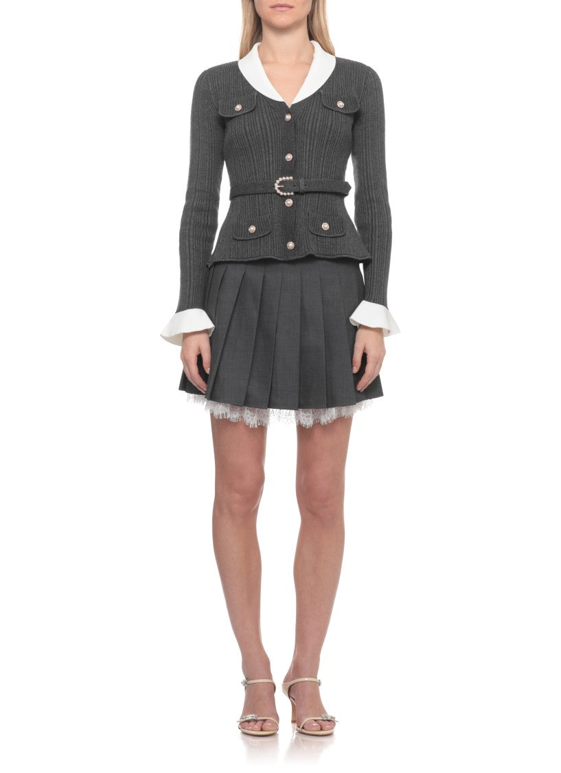 Self-Portrait Grey Ribbed Knit Belted Cardigan