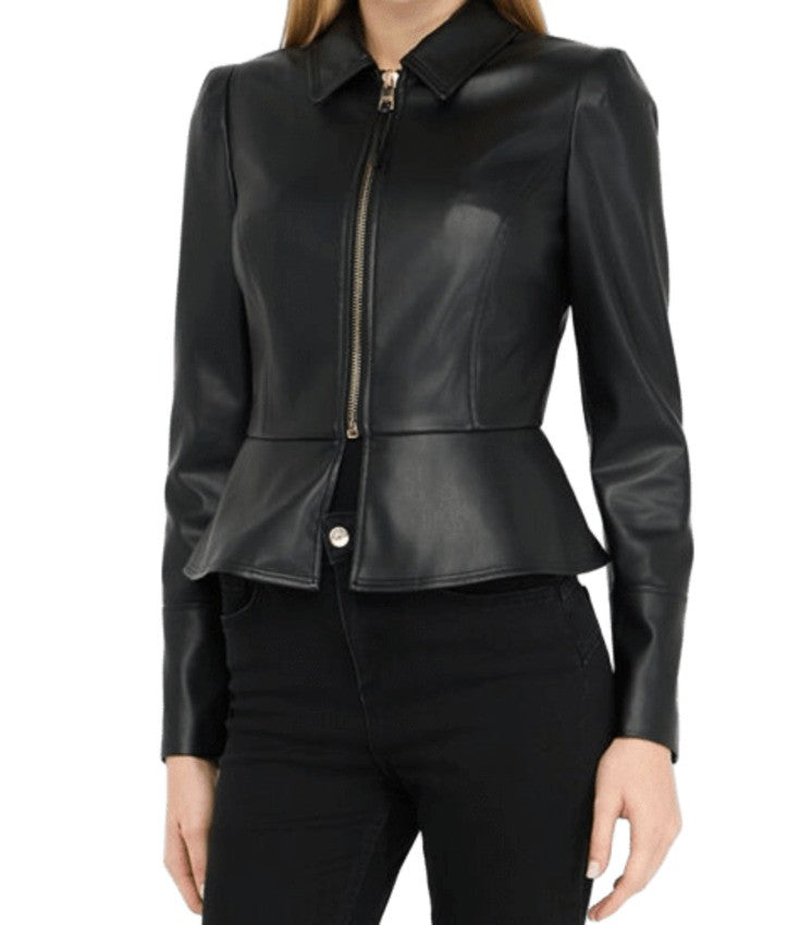 Liu Jo Coated Fabric Peplum Jacket With Zip Cuffs And Metal Logo