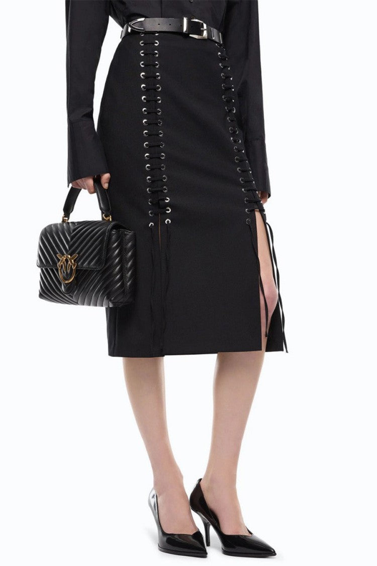 Pinko Black Polyester-Wool Blend Lace-Up Pencil Skirt