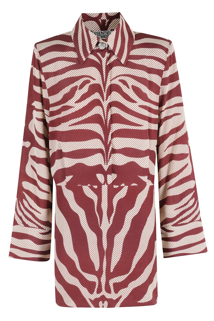 Essentiel Antwerp Ivory And Burgundy Zebra Jacquard Shirt Dress With Rhinestone Button
