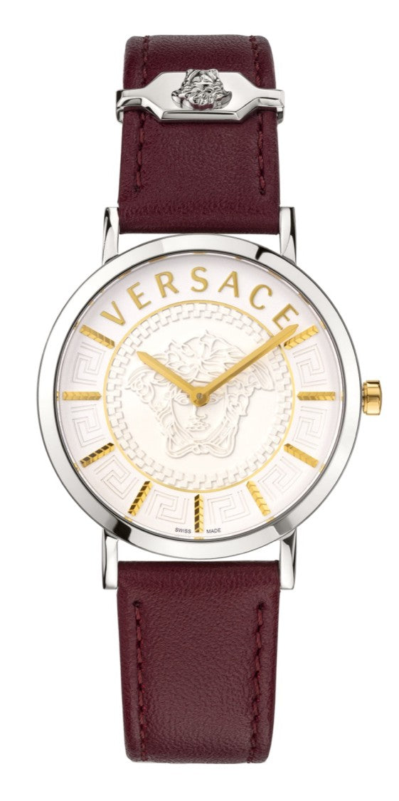 Versace Oval Stainless Steel Watch With Red Leather Strap And Sapphire Crystal