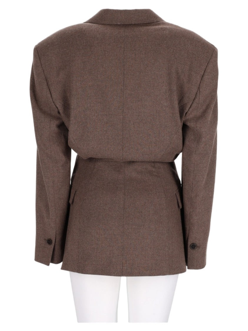 Alysi Brown Tailored Padded-Shoulder Virgin Wool Blazer