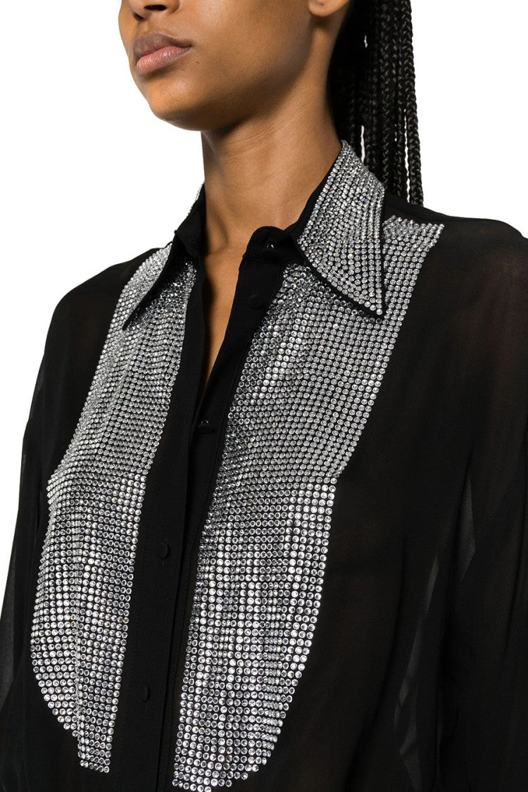 Pinko Sheer Shirt With Intricate Rhinestone Detailing And Classic Collar