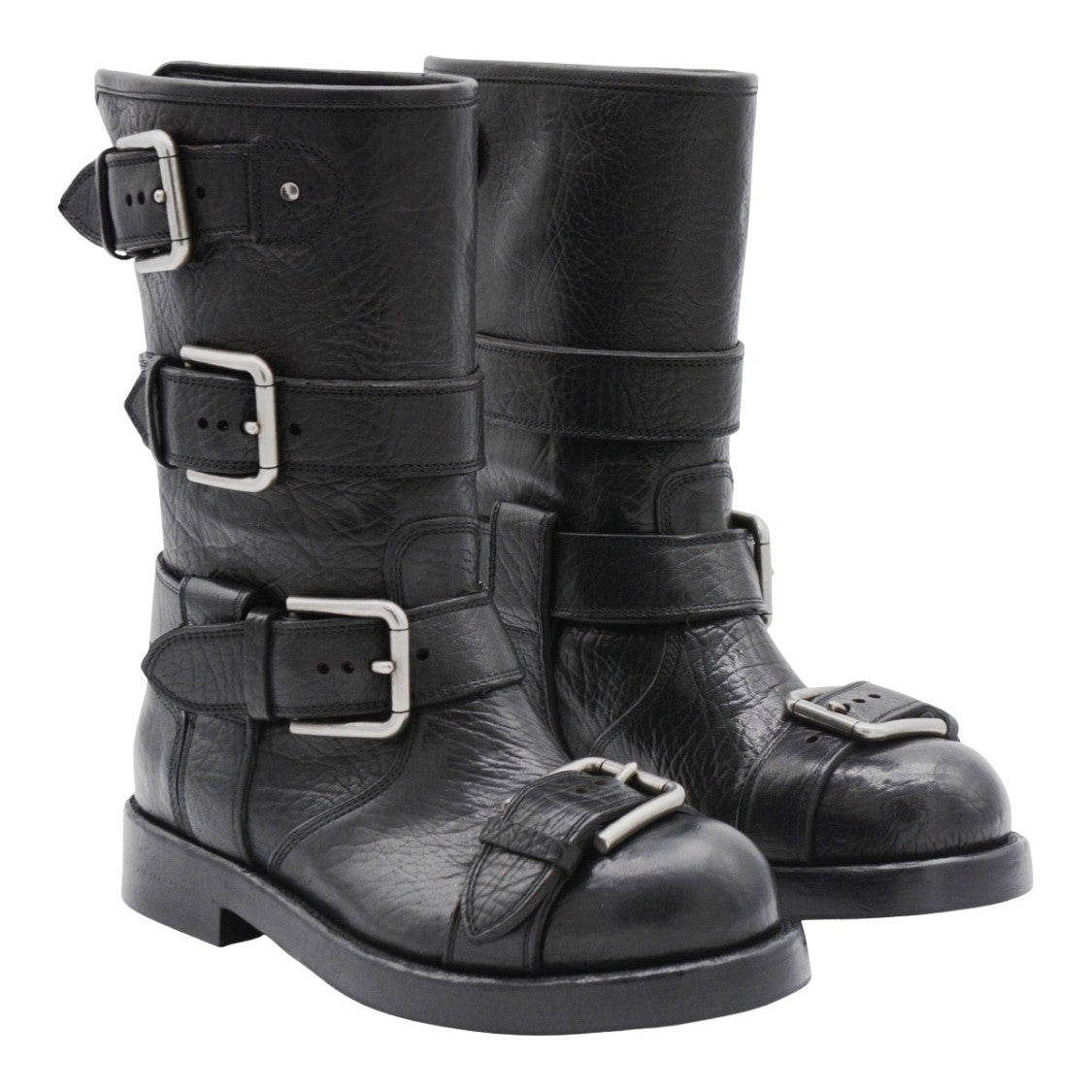 Dolce & Gabbana Mid-Calf Textured Leather Boots With Silver-Tone Buckles