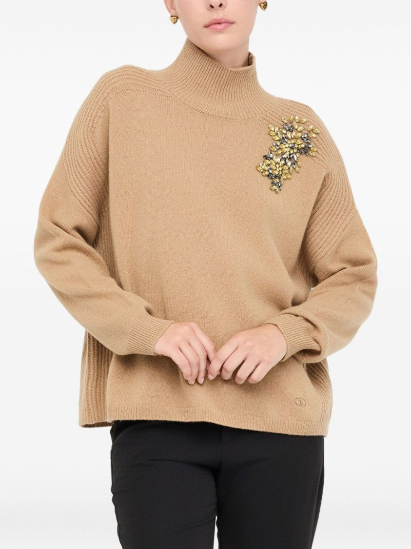 Liu Jo Beige Wool Sweater With High Ribbed Neckline