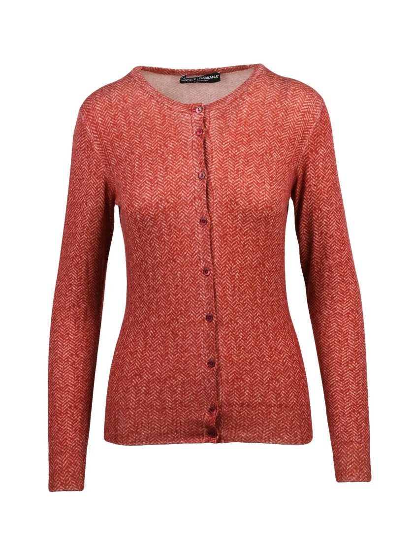 Dolce & Gabbana Red Herringbone Pattern Virgin Wool Cardigan