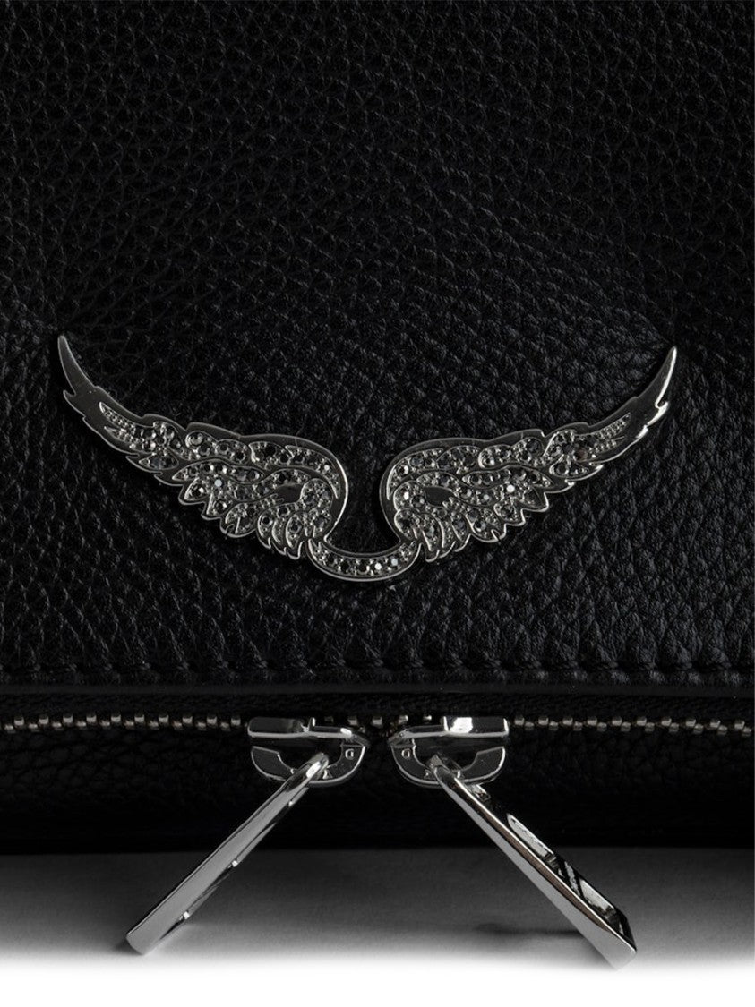 Zadig & Voltaire Textured Black Leather Clutch Bag With Winged Emblem