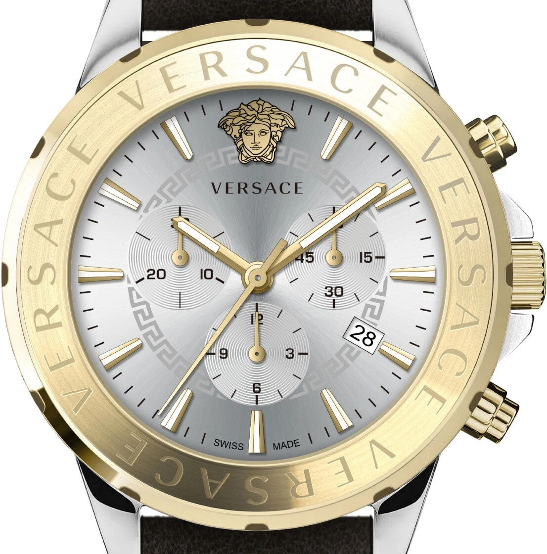Versace Chrono Signature 44Mm Watch With Silver Dial And Gold Bezel