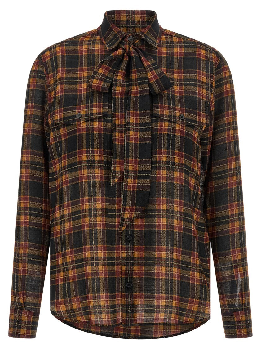 Saint Laurent Plaid Wool Lavallière Shirt With Front Button Closure