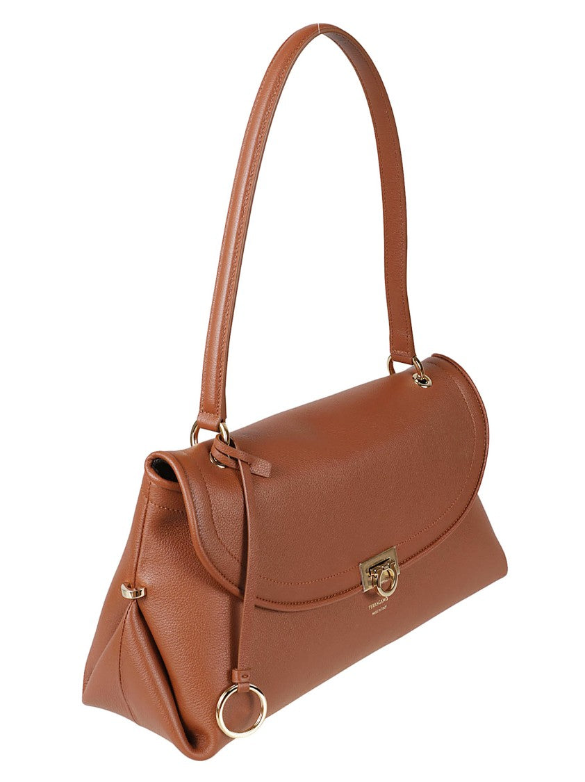 Ferragamo Elongated Brown Calf Leather Handbag With Metallic Clasp