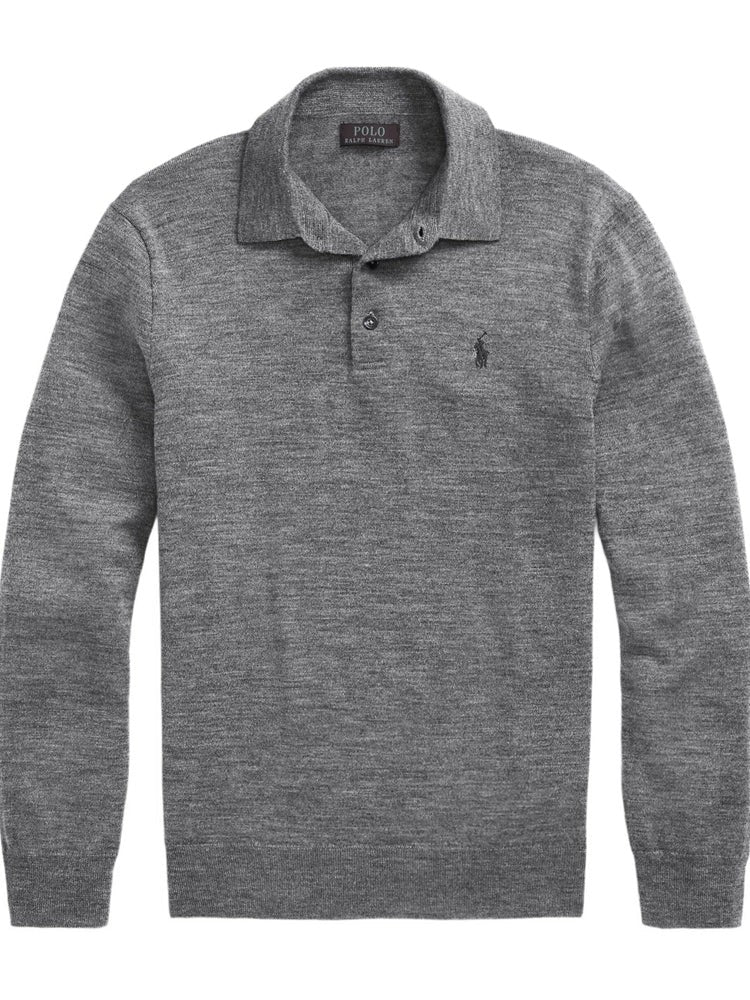 Polo Ralph Lauren Heathered Grey Wool Pullover Sweater With Polo Collar