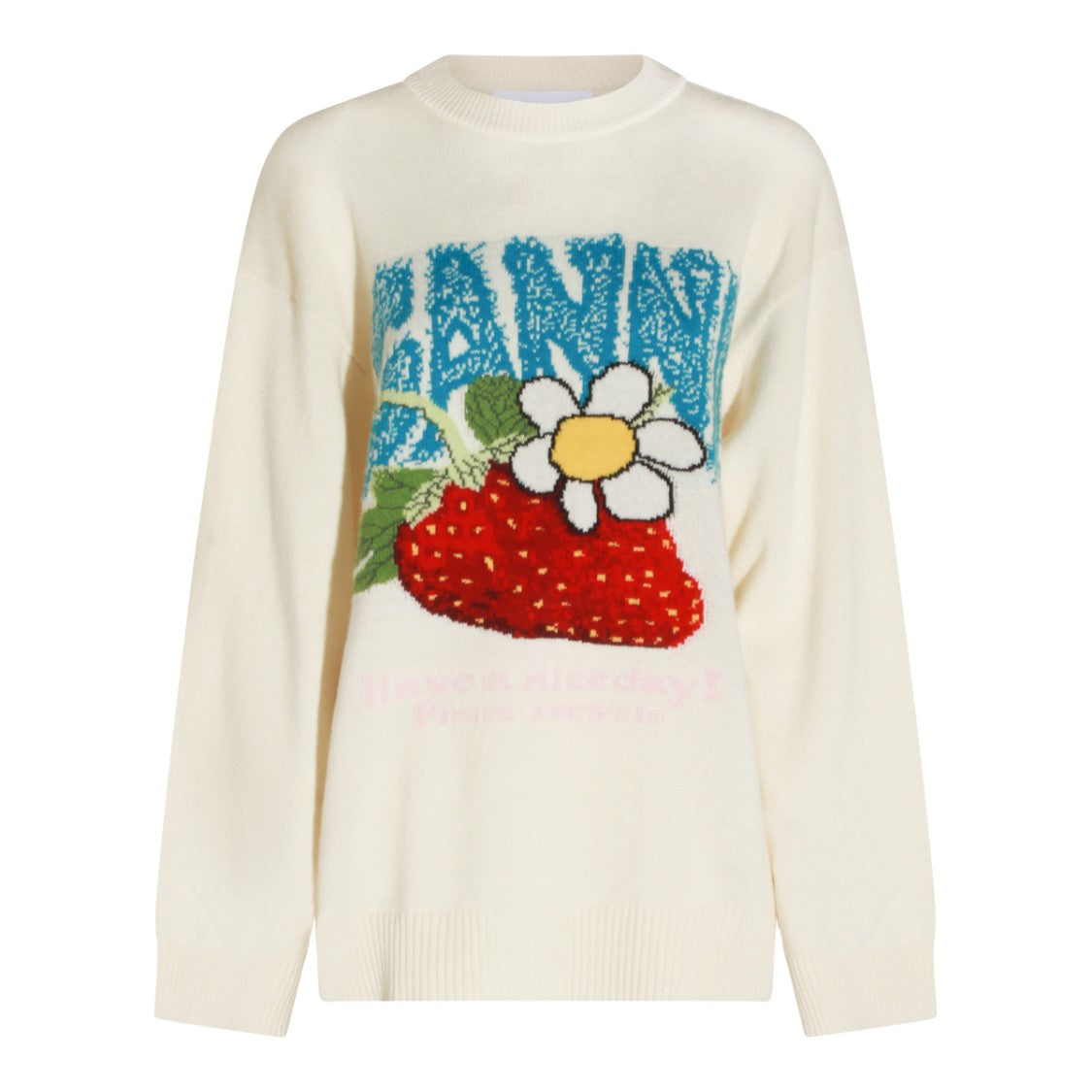Ganni Egret Wool Sweater With Graphic Detailing