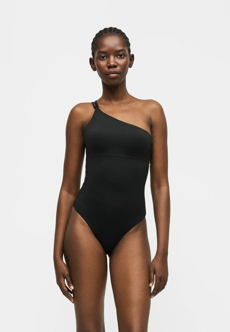 Max Mara Asymmetrical One-Shoulder Black Swimsuit With Metallic Accents
